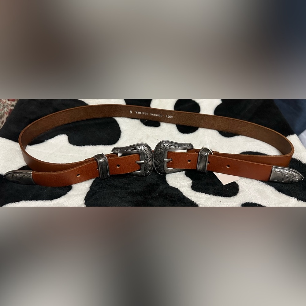 Brown leather belt with silver buckles